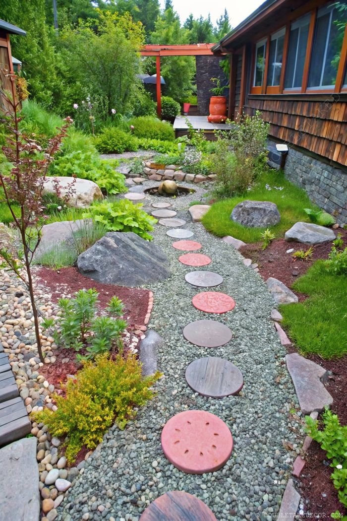 Winding garden path with alternating red and gray circular stepping stones through lush greenery leading to a wooden deck and pergola.