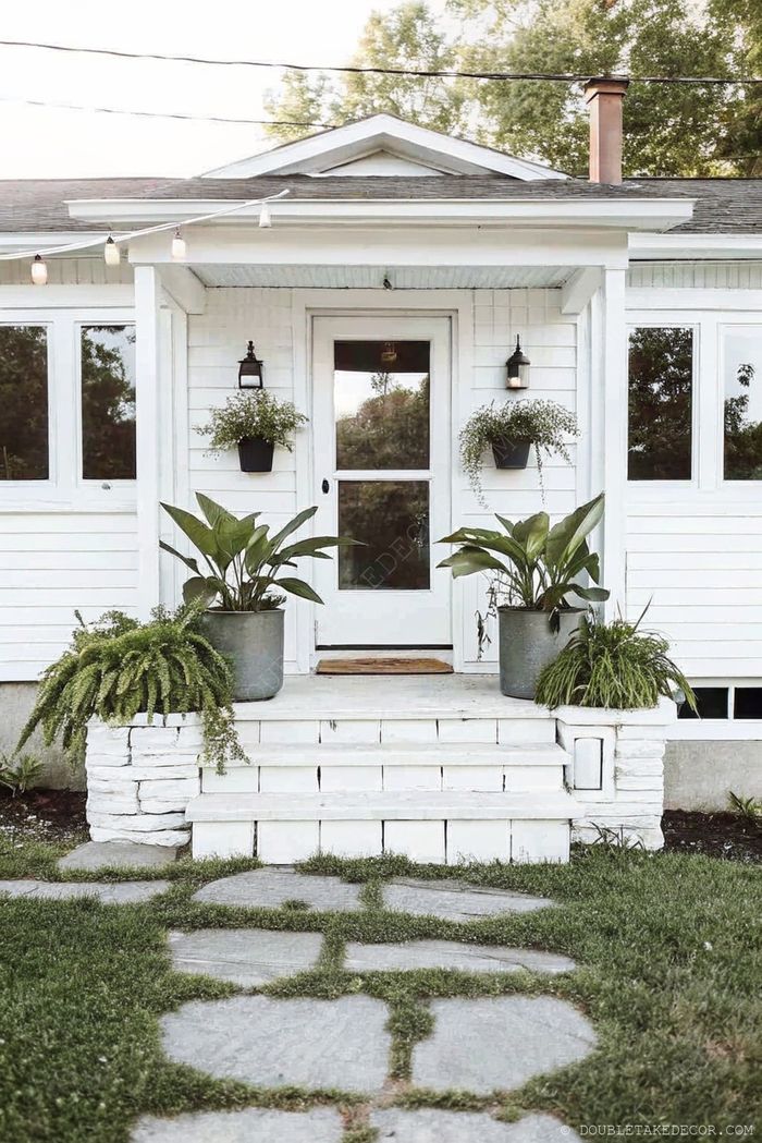 A white home entryway with wooden steps, flanked by potted plants and lanterns, featuring stone slabs with grass creating a charming pathway.