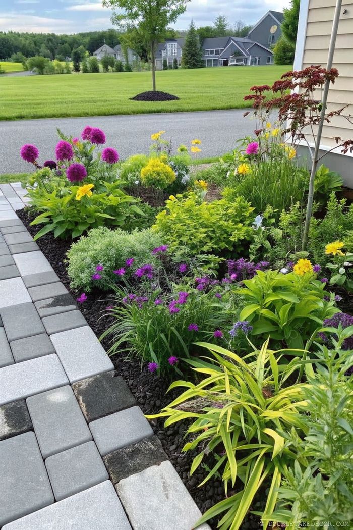 Garden space featuring colorful flowers and lush foliage surrounding a patio with interlocking gray and white stepping stones.
