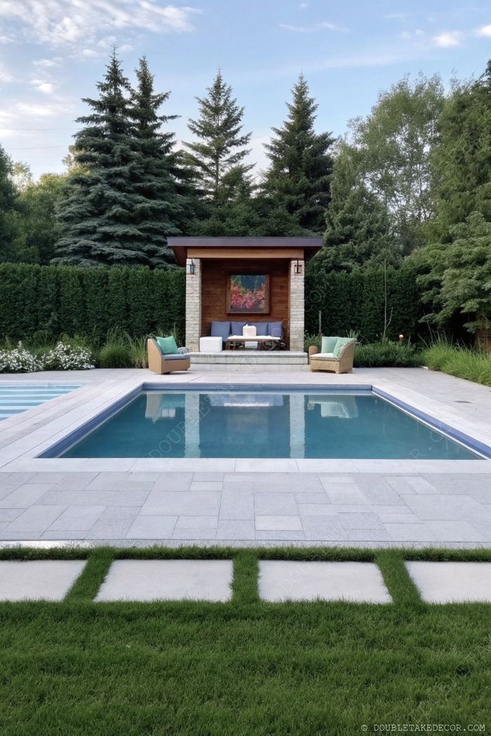 Tranquil swimming pool with stone pavers, wooden cabana, and comfortable seating surrounded by lush greenery