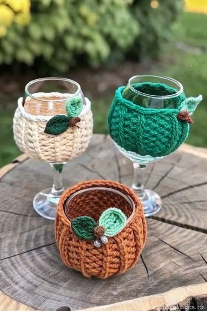 Three charming glass cozies resembling pumpkins in cream, orange, and green with decorative leaves displayed on a wooden stump.