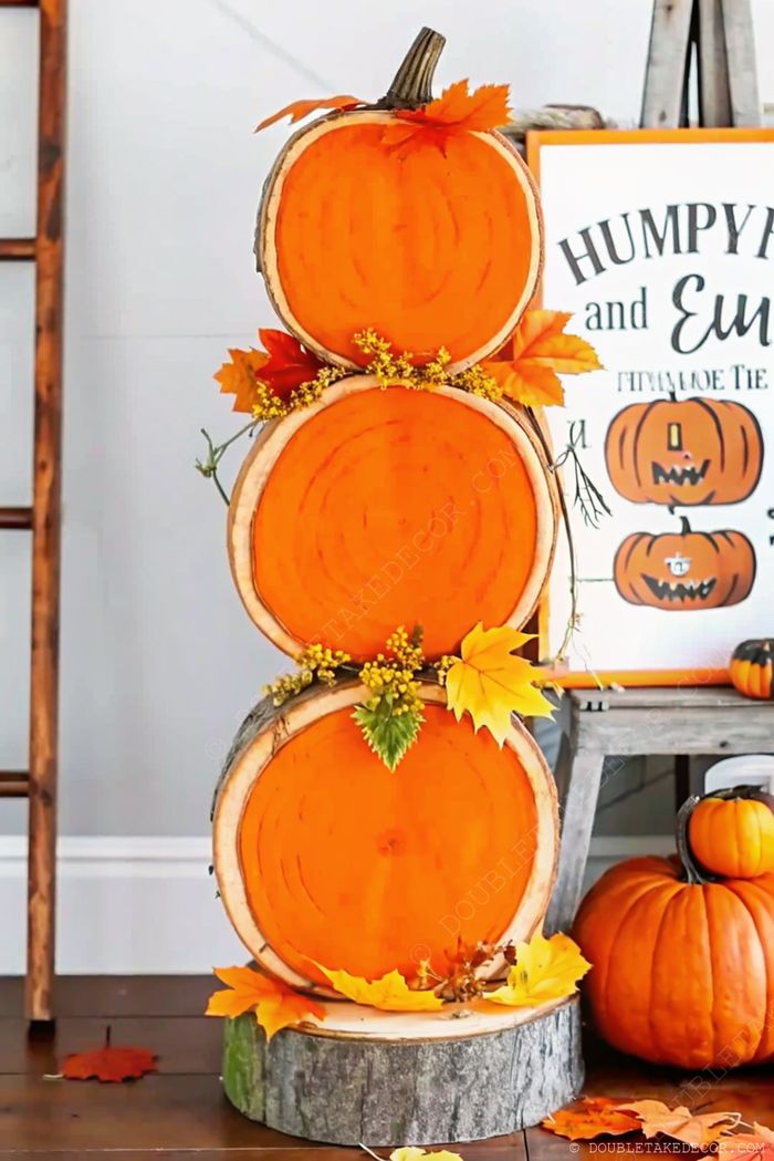 DIY fall decor: painted wooden slices stacked to create rustic pumpkins, decorated with autumn leaves and yellow flowers.