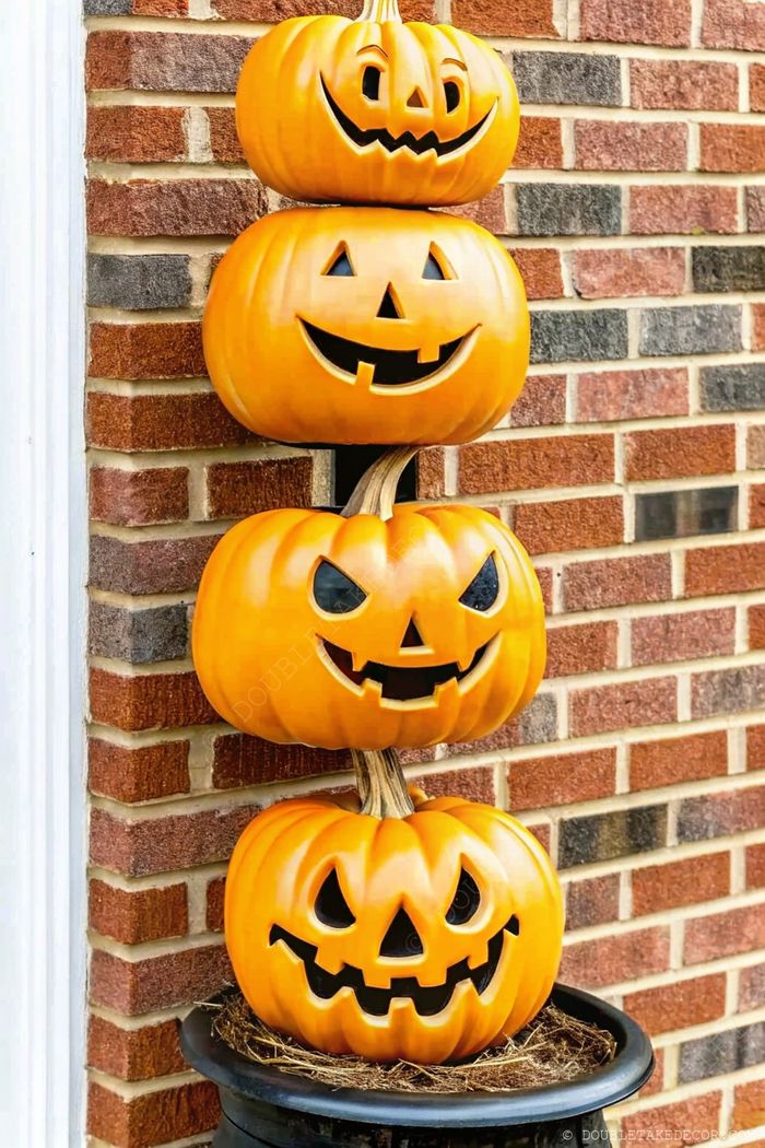 Four orange pumpkins with unique carved faces stacked vertically in a black planter with straw, against a brick wall backdrop.