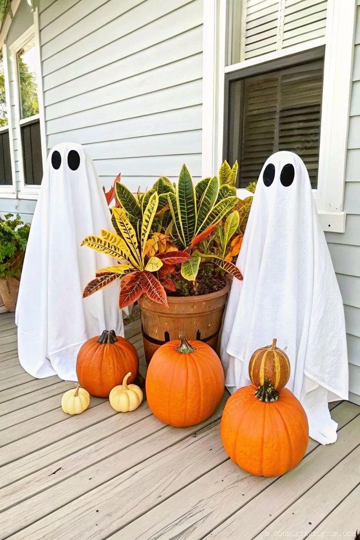 Two cloth ghosts with black eyes stand on a wooden porch beside autumn foliage and an arrangement of orange and white pumpkins with decorative gourds.