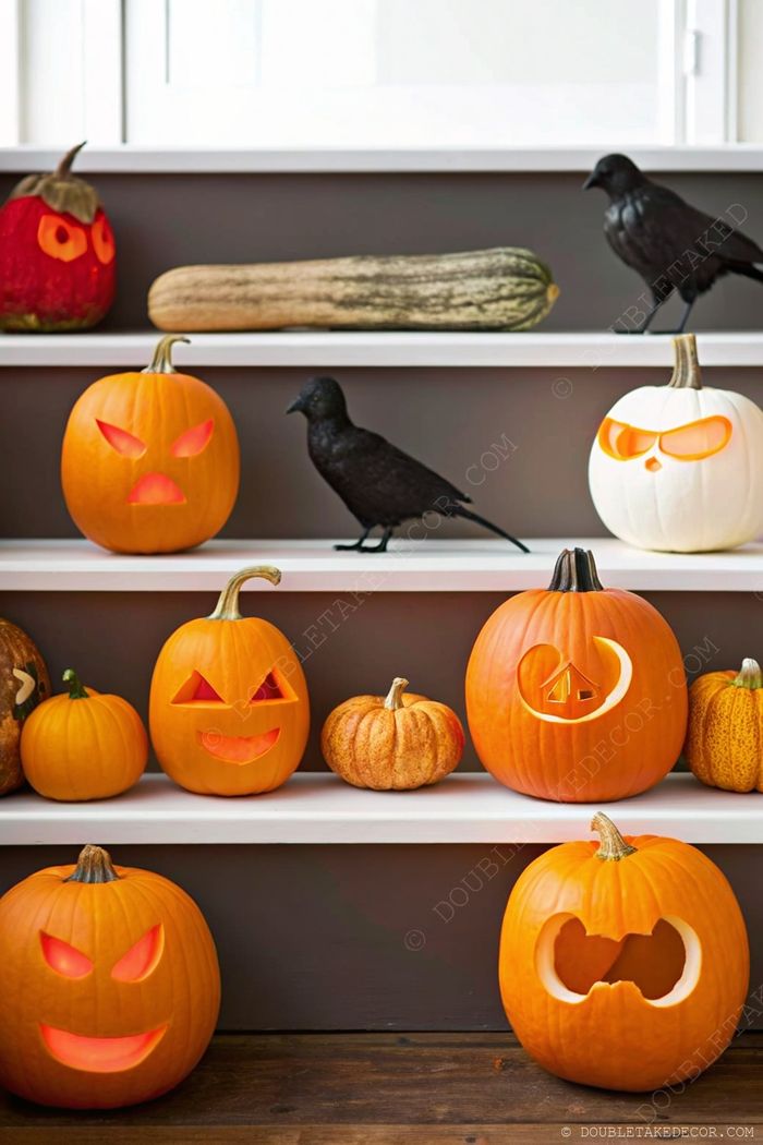 Decorative Halloween shelves featuring carved pumpkins with various expressions, including owl eyes, angry and happy faces, arranged with decorative black crows.