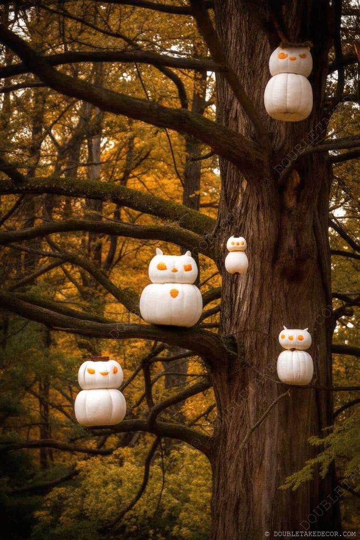 White pumpkins decorated as owls with orange eyes and beaks, arranged on tree branches against autumn foliage backdrop.