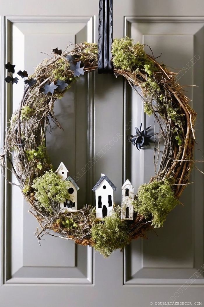 Halloween wreath with moss-covered base, tiny white houses, black leaves, and a decorative spider creating a spooky enchanted village display.