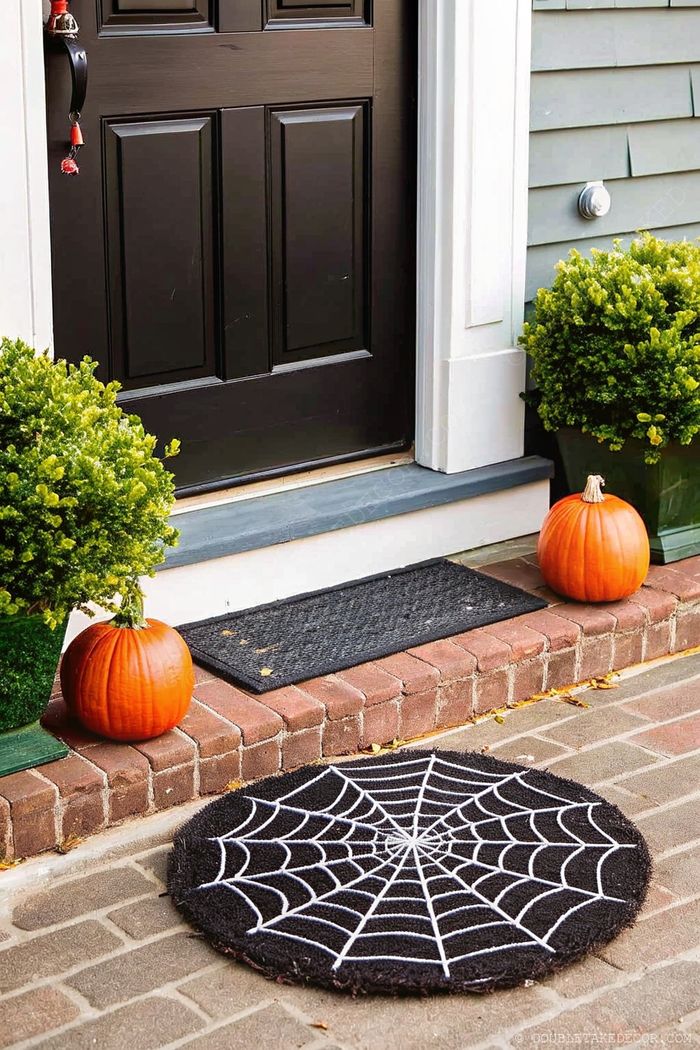 Fall entrance with a spider web doormat, orange pumpkins on brick steps, and green potted shrubs flanking a dark wooden door.