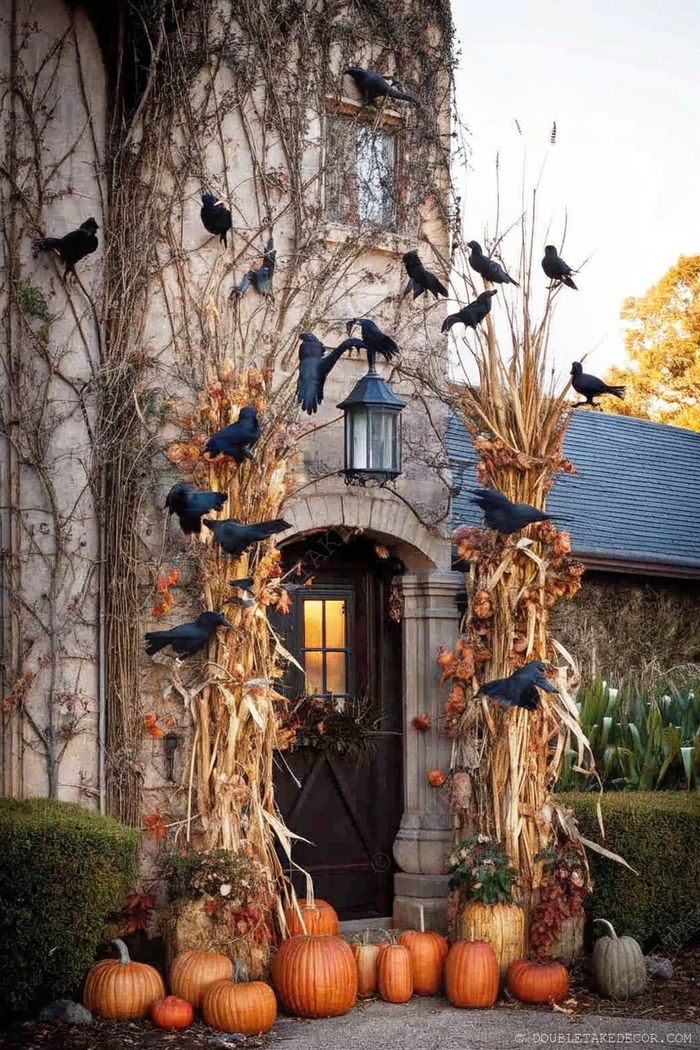 Festive Halloween entrance with dried corn stalks, autumn foliage, black crows, and assorted pumpkins creating a warm, inviting seasonal display