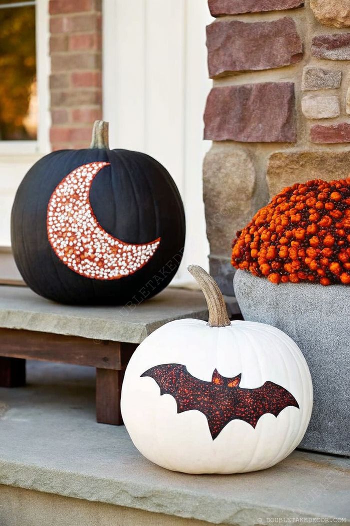 Two decorated pumpkins on stone: black with moon pattern and white with bat design, backed by autumn mums