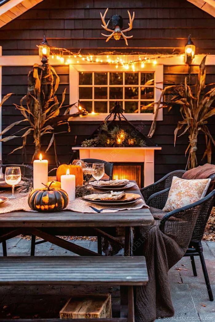 Rustic wooden table with fall decor, candles, and pumpkin against cabin backdrop with fairy lights and corn stalks for Halloween