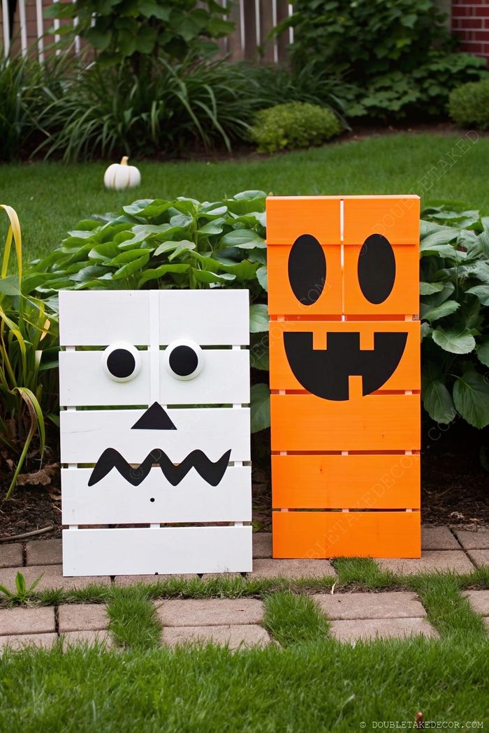 Decorative wooden panels featuring a white ghost and orange jack-o'-lantern, displayed outdoors with autumn foliage and a small white pumpkin.