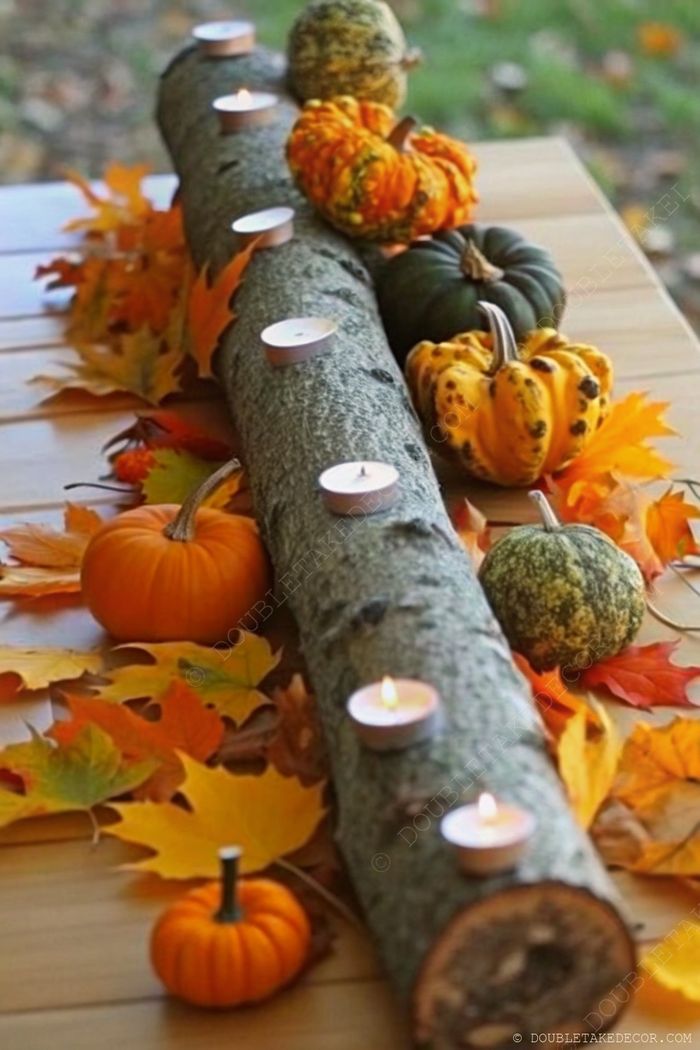 Autumn table decor featuring a natural log centerpiece with tea lights, colorful pumpkins, and vibrant maple leaves creating a warm, inviting atmosphere.
