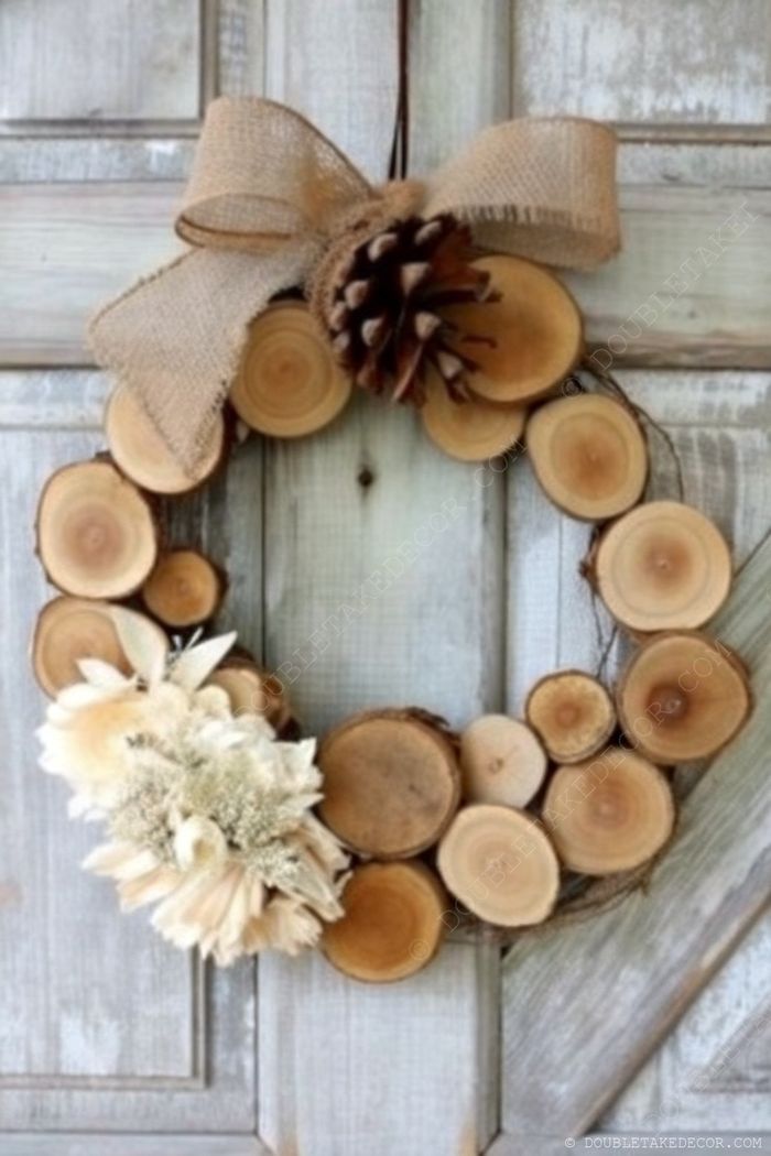 A circular wreath made of wooden slices with burlap bow, pinecone, and dried flowers, hanging on a weathered wooden door.