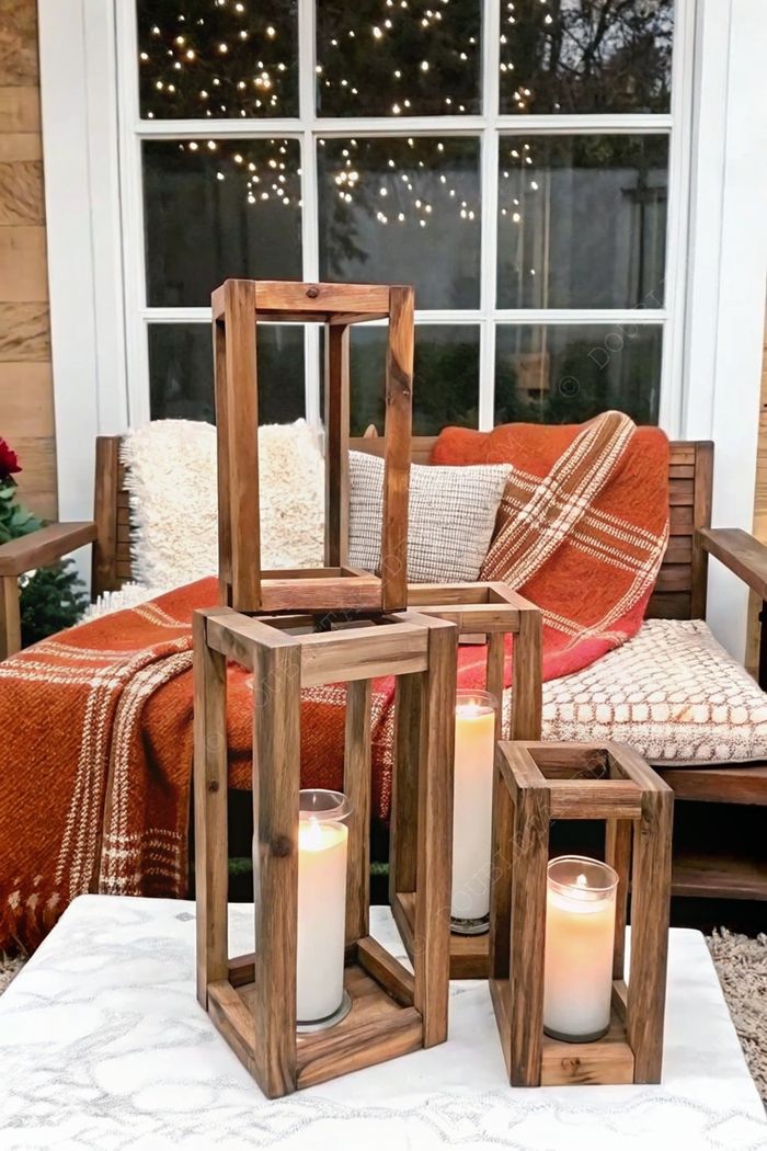 Cozy outdoor wooden sofa with fall cushions featuring rustic wooden candle holders creating warm autumn ambiance