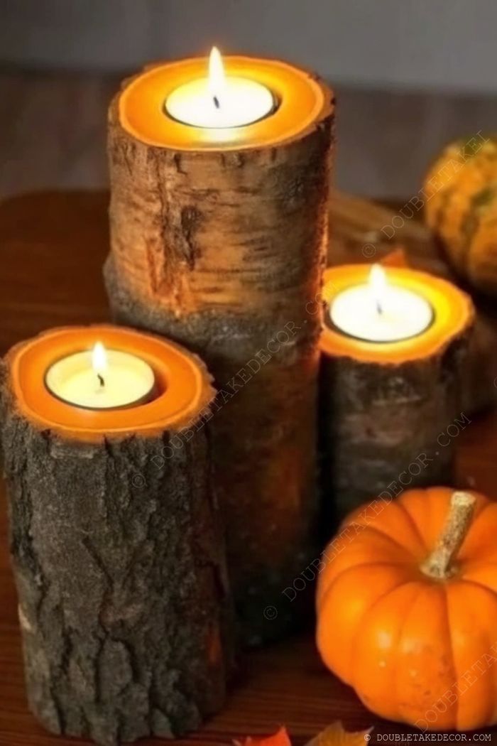 Autumn centerpiece with three wooden log candle holders, a small orange pumpkin, and fallen leaves creating a warm, rustic fall table setting.