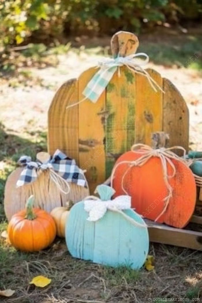 Rustic autumn decor featuring wooden pumpkins in yellow, blue, and orange hues with decorative ribbons against natural greenery