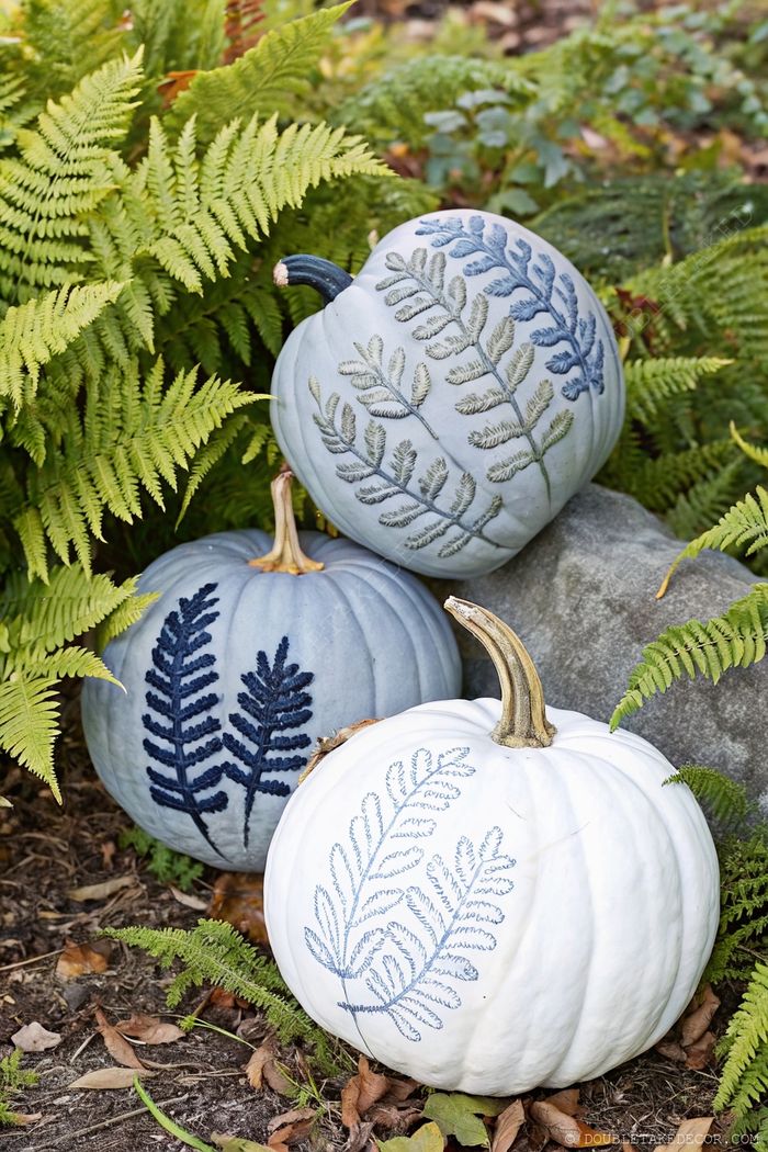 Elegant blue and white pumpkins with painted fern designs nestled among live green ferns for Halloween decoration.