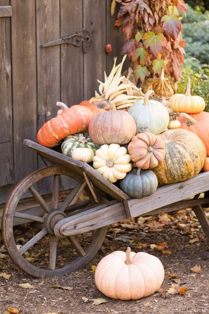 Wooden wheelbarrow overflowing with colorful pumpkins creates a charming autumn display against a rustic backdrop