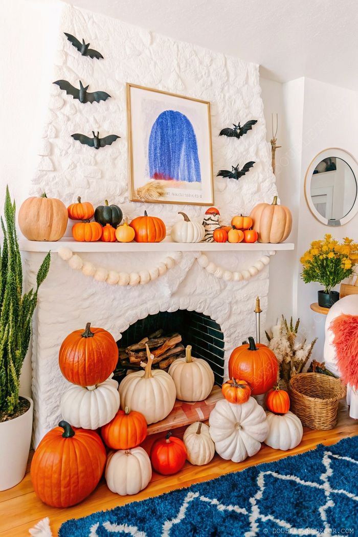 White fireplace decorated with colorful pumpkins, bat accents, and autumn elements creating a cozy Halloween mantel display